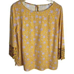 SOFT SURROUNDINGS Mustard Floral Boho Tunic Top Linen Blend Long Sleeve Sz M